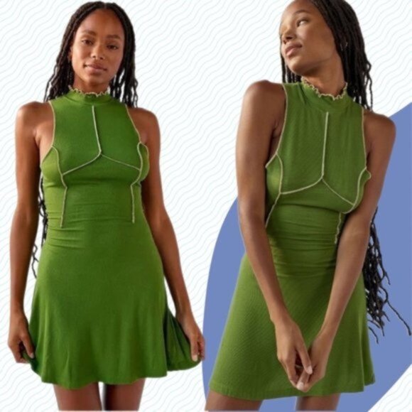 Urban Outfitters | UO Deja Seamed Mini Dress Sleeveless Ribbed Green New Medium - Picture 1 of 14